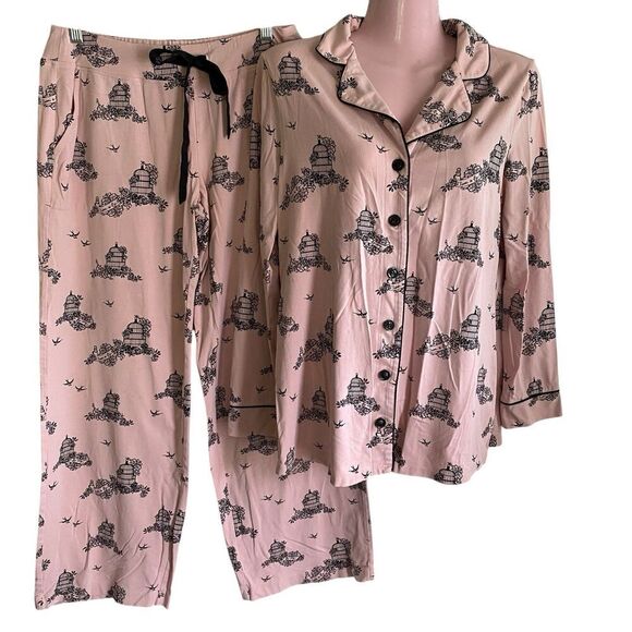 Soma Pajamas Women's Small Black Pink Black Birdcages Top Pants Set Soft Knit - Picture 1 of 5